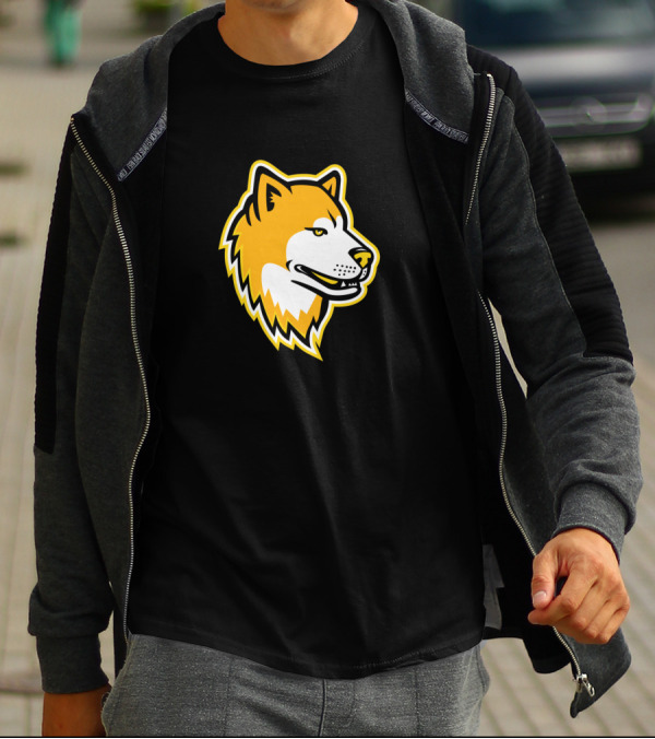 Japanese Akita Inu Dog Mascot In Bold Yellow T-Shirt