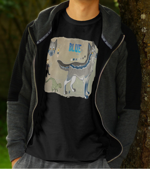 Blue The Velociraptor Dog Hybrid Character Multicolor Design With Expression Chart And Velociraptor T-Shirt