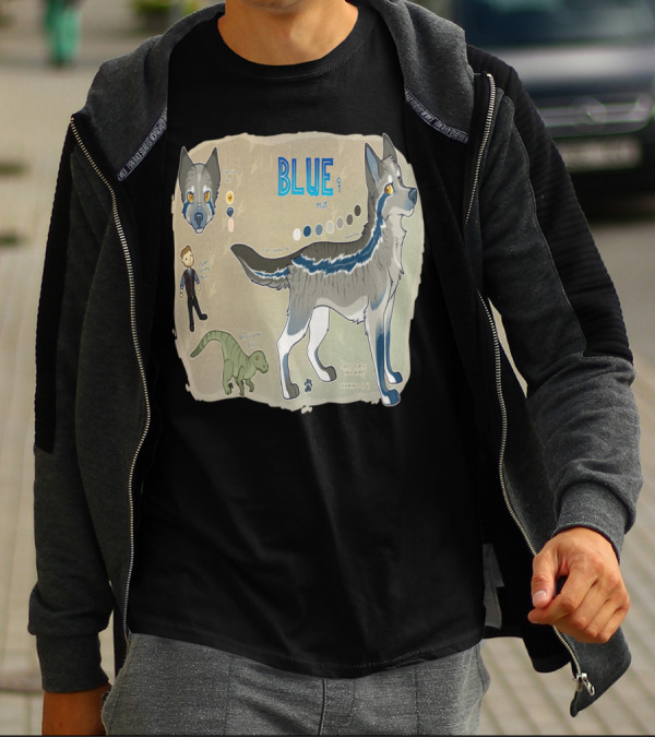 Blue The Velociraptor Dog Hybrid Character Multicolor Design With Expression Chart And Velociraptor T-Shirt