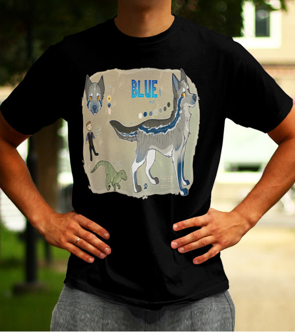 Blue The Velociraptor Dog Hybrid Character Multicolor Design With Expression Chart And Velociraptor T-Shirt