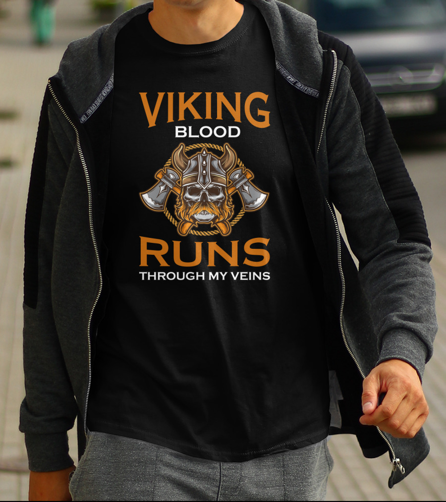 Viking Blood Runs Through My Veins Skull And Axes T-Shirt