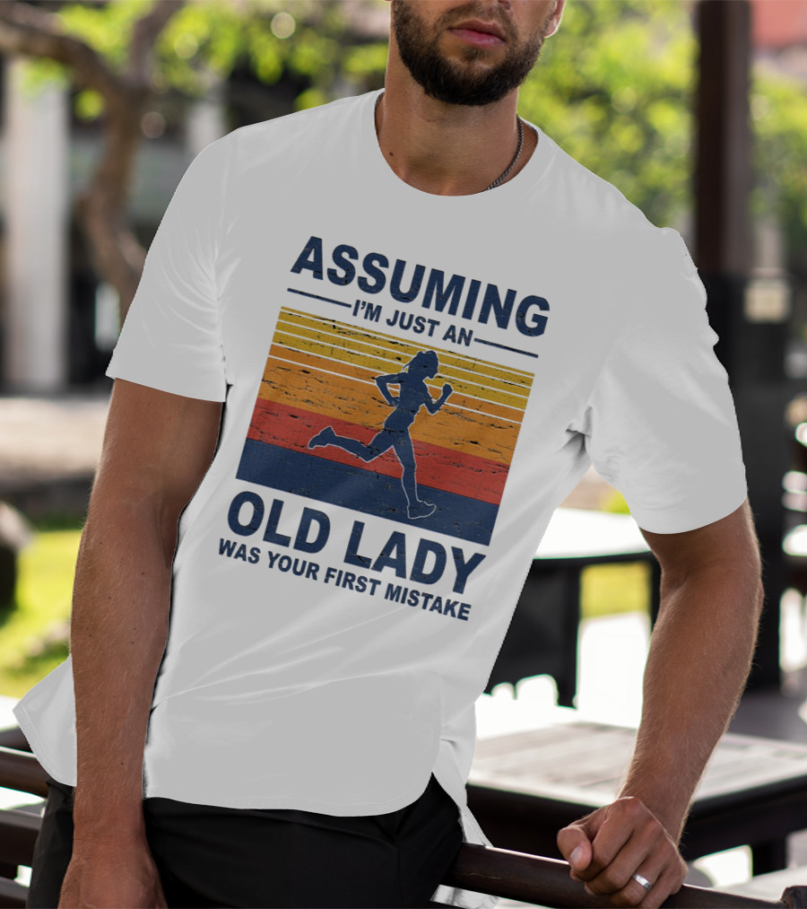Assuming I'm Just An Old Lady Running Silhouette Retro Stripes T-Shirt