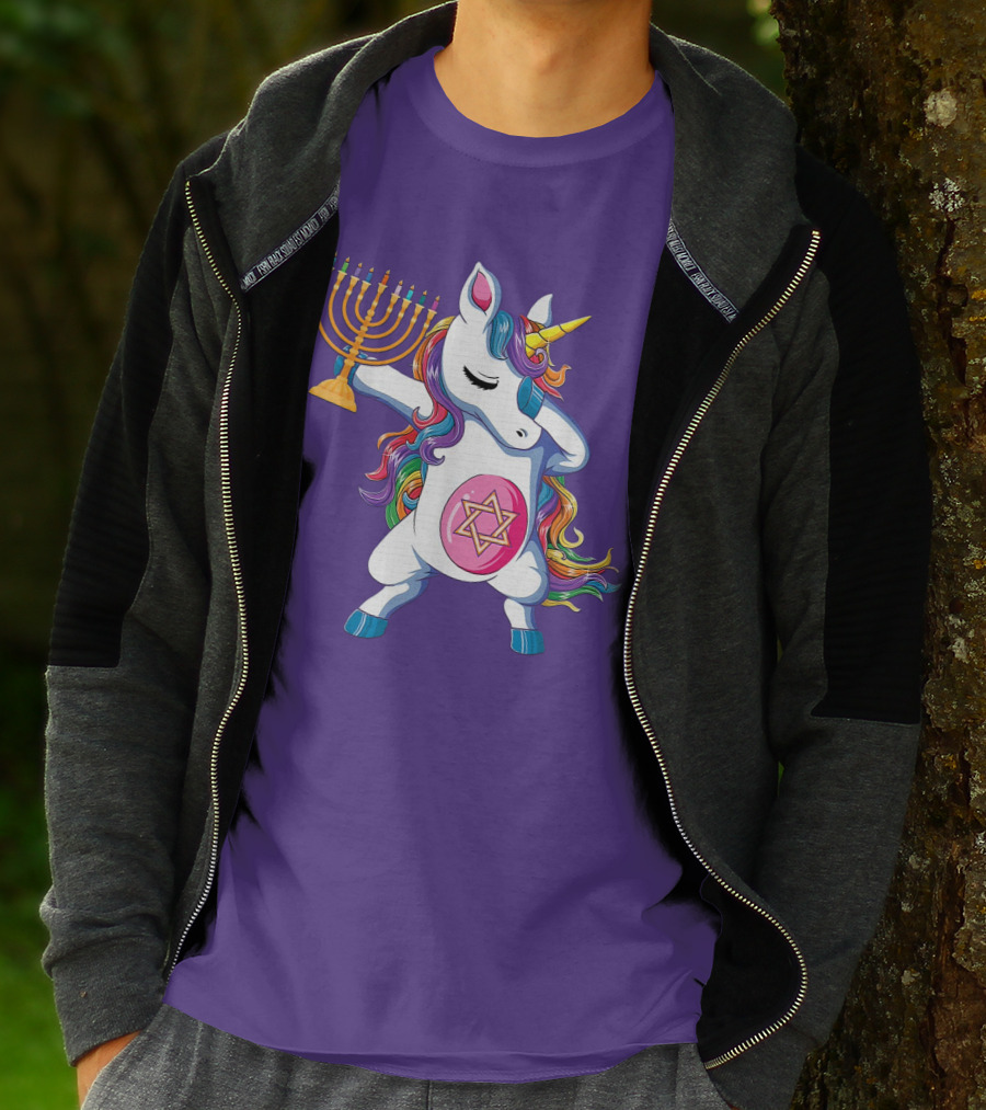 Jewnicorn Hanukkah Unicorn Dabbing With Menorah And Star Of David T-Shirt
