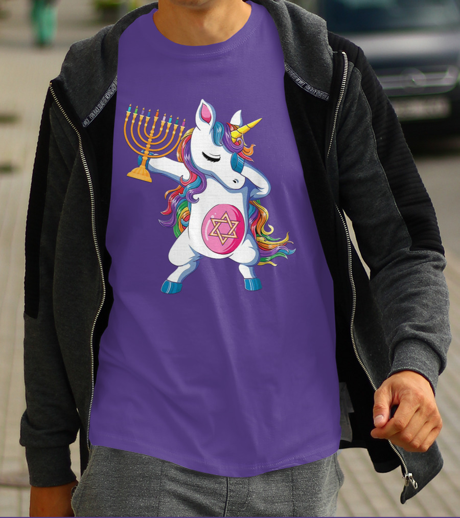 Jewnicorn Hanukkah Unicorn Dabbing With Menorah And Star Of David T-Shirt