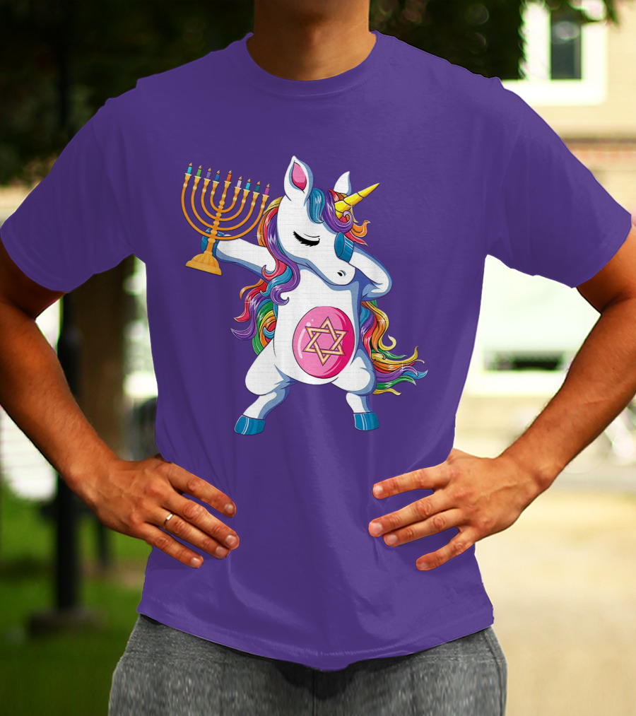 Jewnicorn Hanukkah Unicorn Dabbing With Menorah And Star Of David T-Shirt