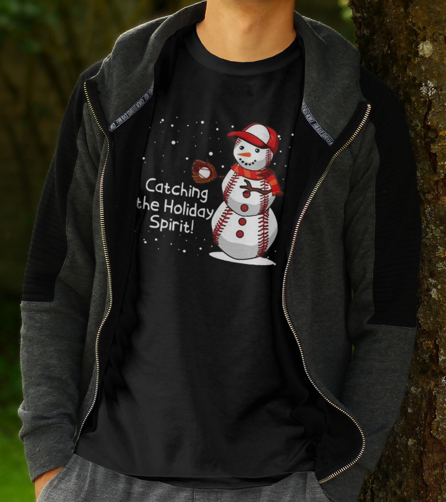 Catching The Holiday Spirit Baseball Snowman With Red Cap And Mitt T-Shirt