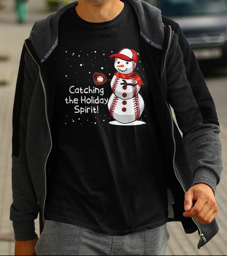 Catching The Holiday Spirit Baseball Snowman With Red Cap And Mitt T-Shirt