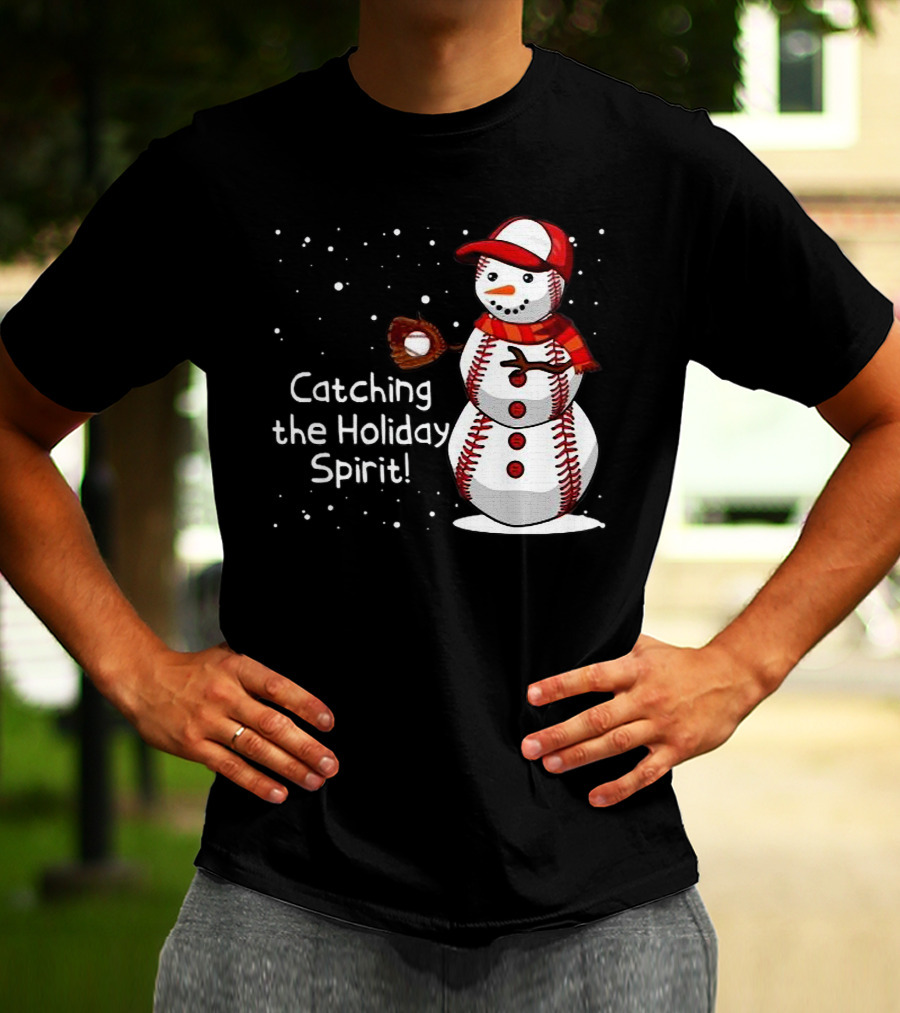 Catching The Holiday Spirit Baseball Snowman With Red Cap And Mitt T-Shirt