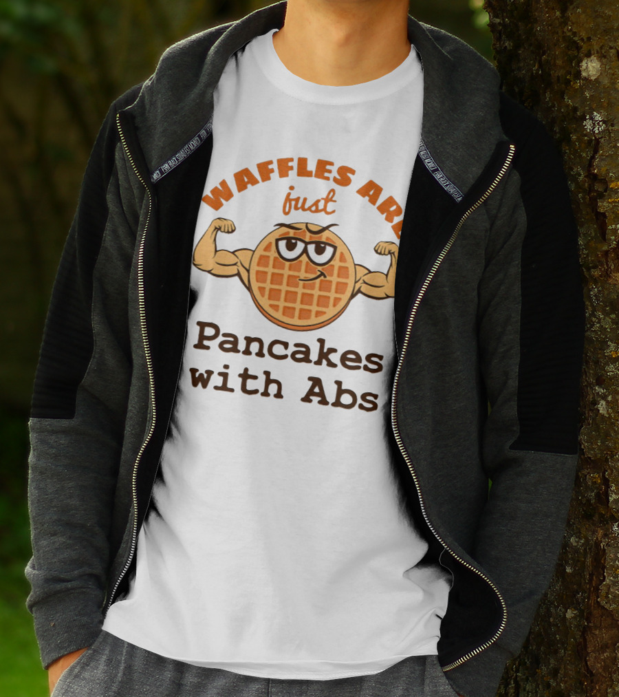 Waffles Are Just Pancakes With Abs Flexing Muscular Cartoon Breakfast T-Shirt