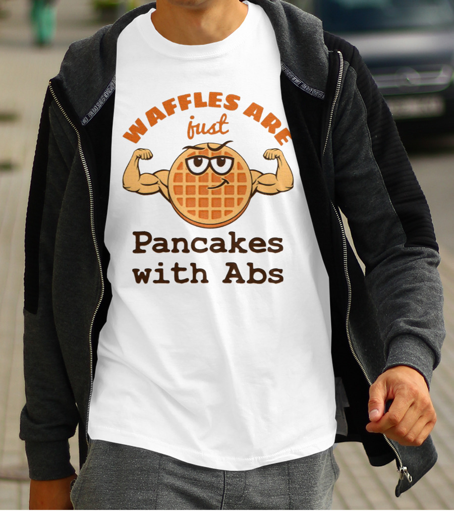 Waffles Are Just Pancakes With Abs Flexing Muscular Cartoon Breakfast T-Shirt