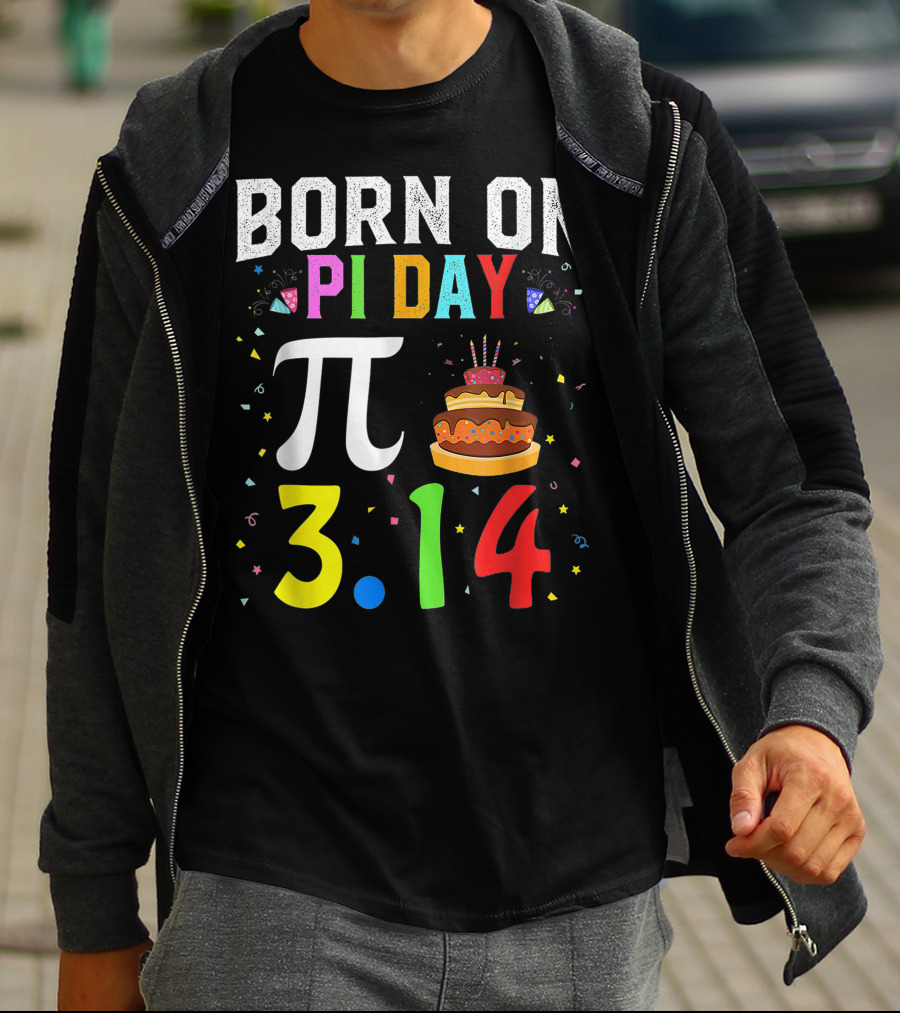Born On Pi Day 3.14 March Birthday Celebration With Cake And Confetti T-Shirt