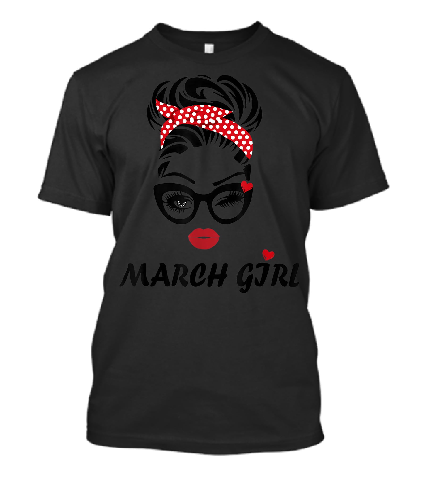 March Girl Wink Eye Woman Face With Red Polka Dot Headband T-Shirt