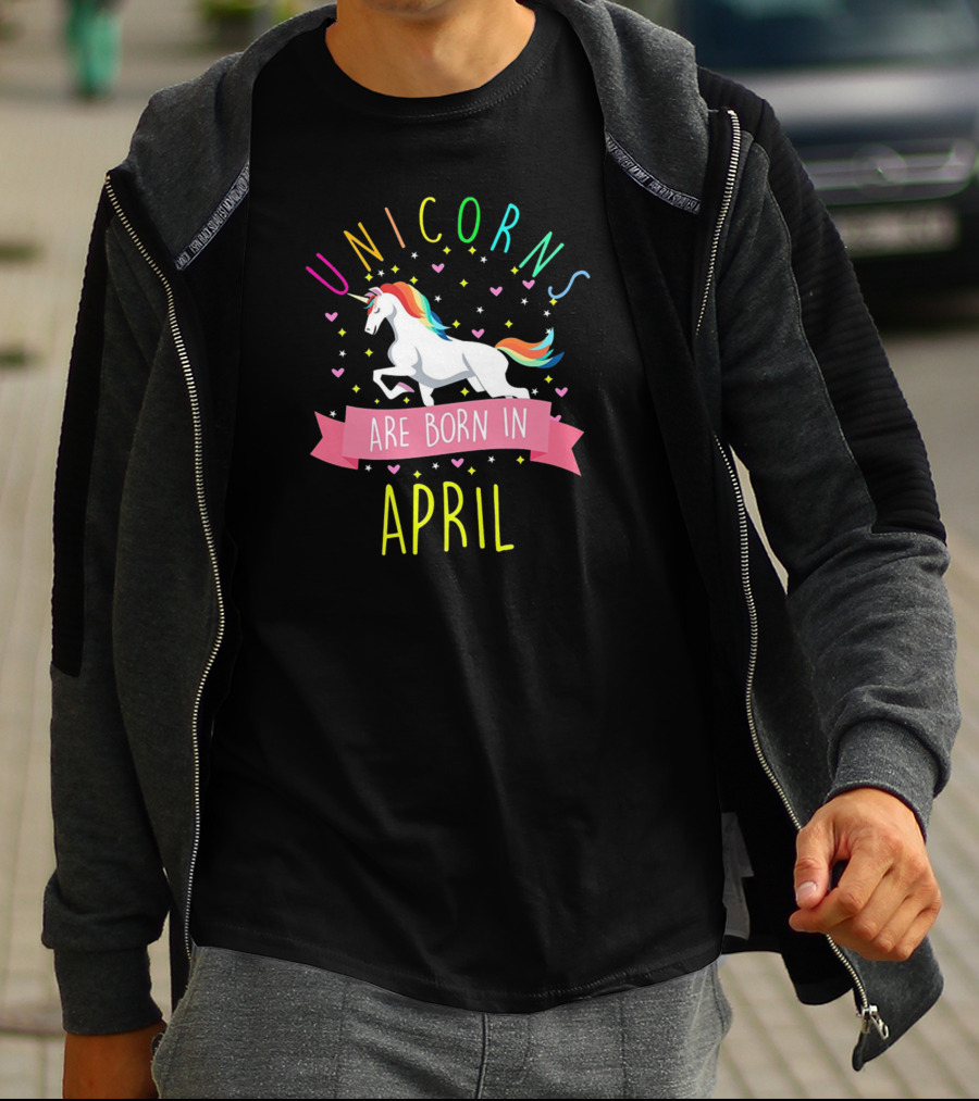 Unicorns Are Born In April Colorful Fun Birthday Celebration With Rainbow Hearts And Unicorn T-Shirt