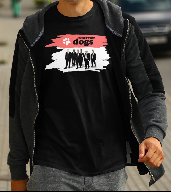 Reservoir Dogs Parody With Dog-Head Suited Figures And Paw Prints T-Shirt