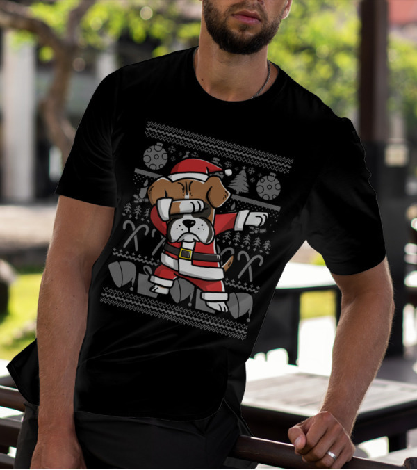 Boxer Dog Santa Dabbing Christmas Dance Move With Candy Canes And Ornaments T-Shirt