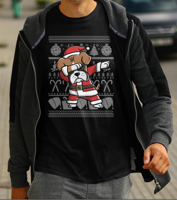 Boxer Dog Santa Dabbing Christmas Dance Move With Candy Canes And Ornaments T-Shirt