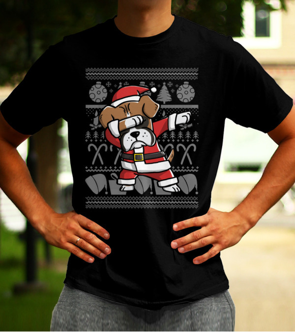 Boxer Dog Santa Dabbing Christmas Dance Move With Candy Canes And Ornaments T-Shirt