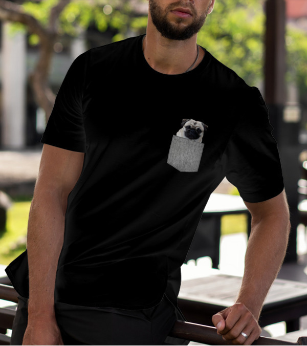 Pug Dog In Your Pocket Pug In Faux Gray Pocket Detailed T-Shirt