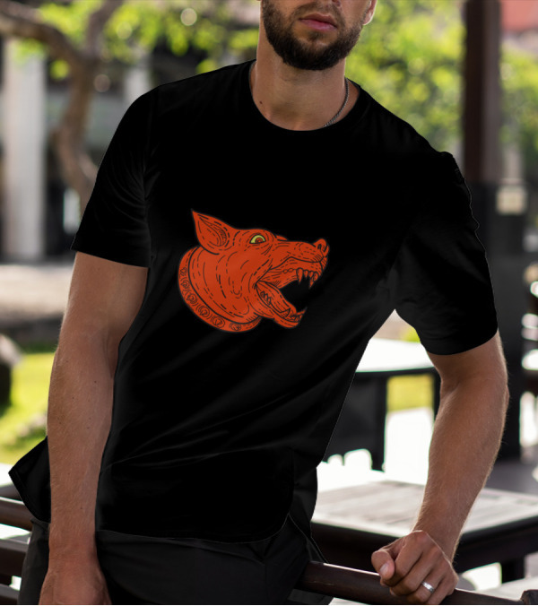 Mad Mongrel Dog Head Barking Mono Line Orange T-Shirt