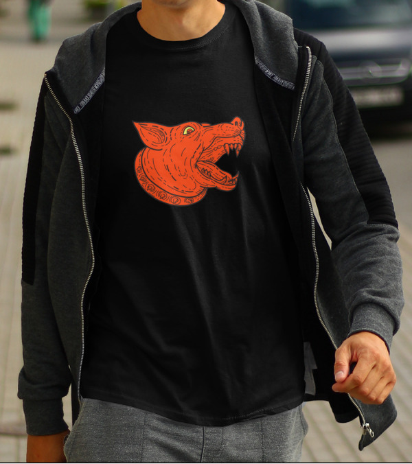 Mad Mongrel Dog Head Barking Mono Line Orange T-Shirt