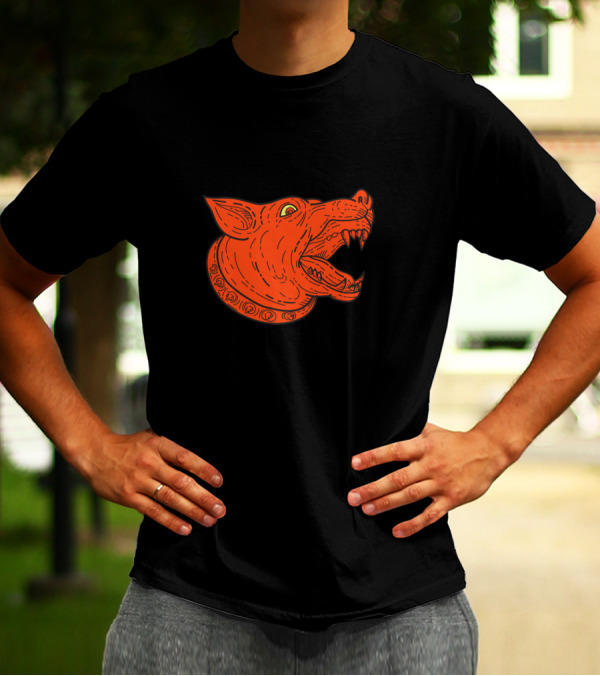 Mad Mongrel Dog Head Barking Mono Line Orange T-Shirt