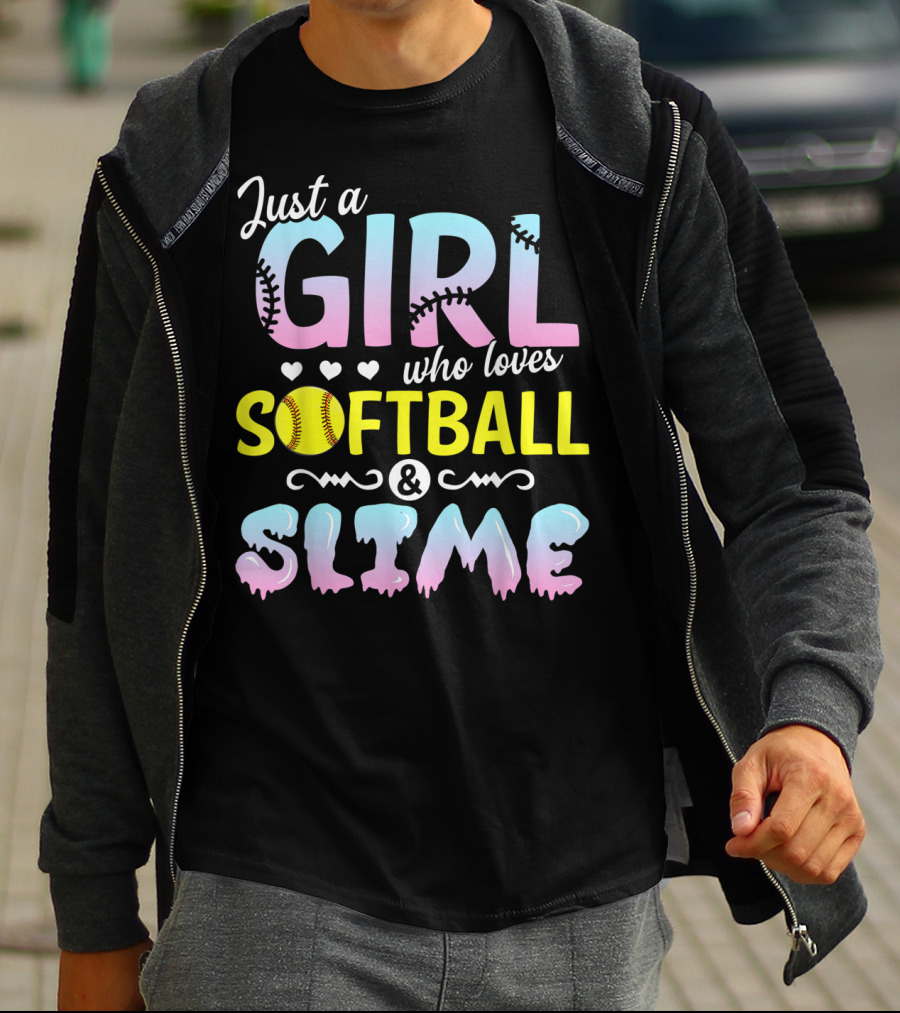 Just A Girl Who Loves Softball And Slime With Pastel Letters And Baseball Stitching T-Shirt