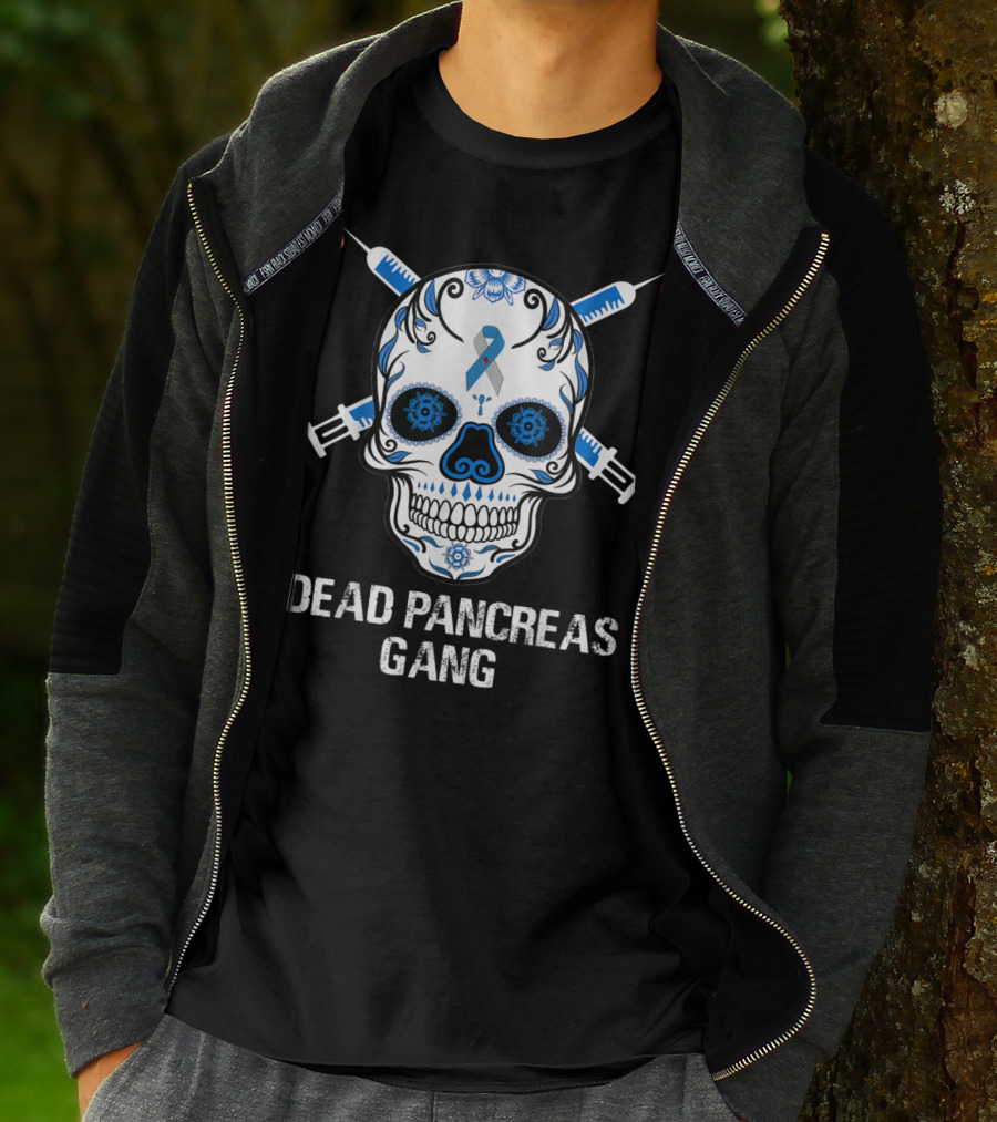 Dead Pancreas Gang Skull Diabetes Awareness Blue Ribbon Syringes T-Shirt
