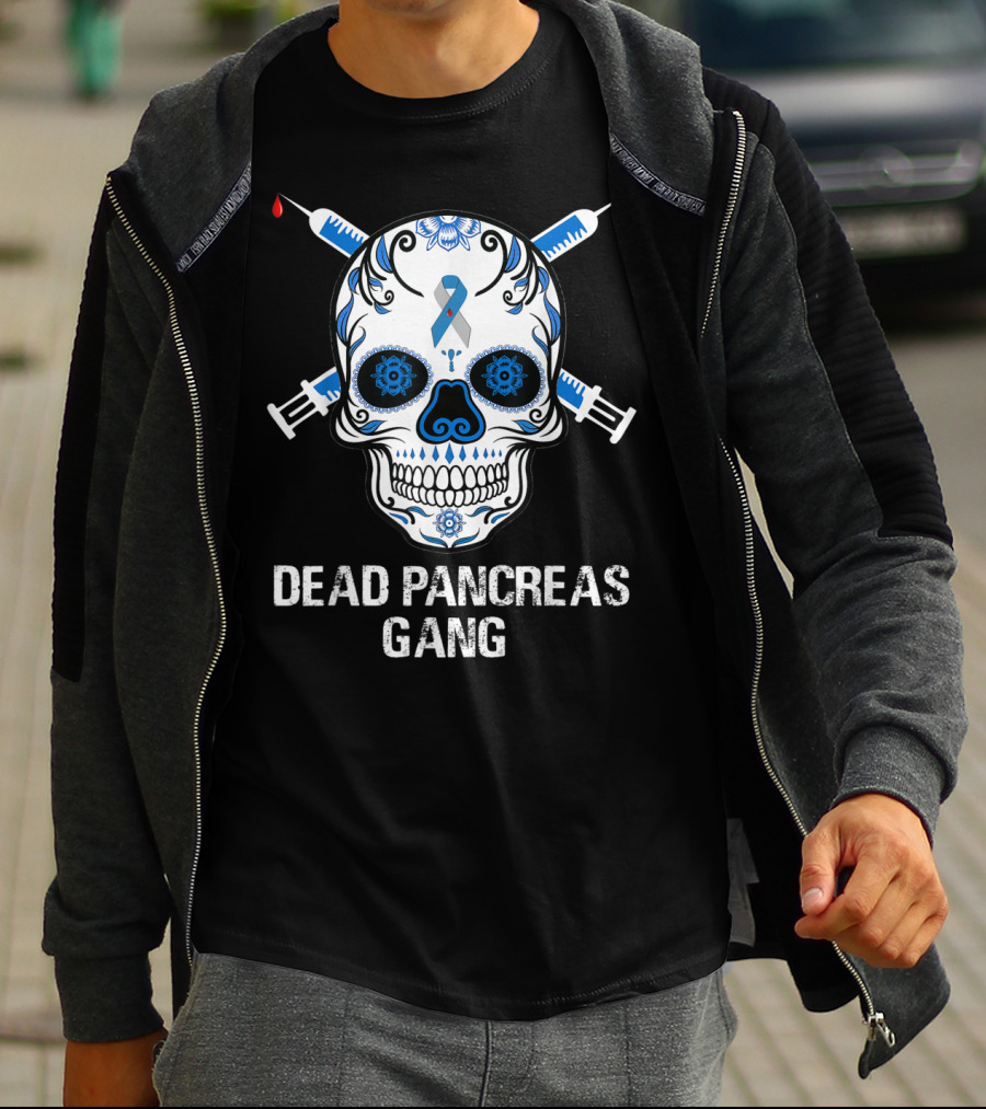Dead Pancreas Gang Skull Diabetes Awareness Blue Ribbon Syringes T-Shirt