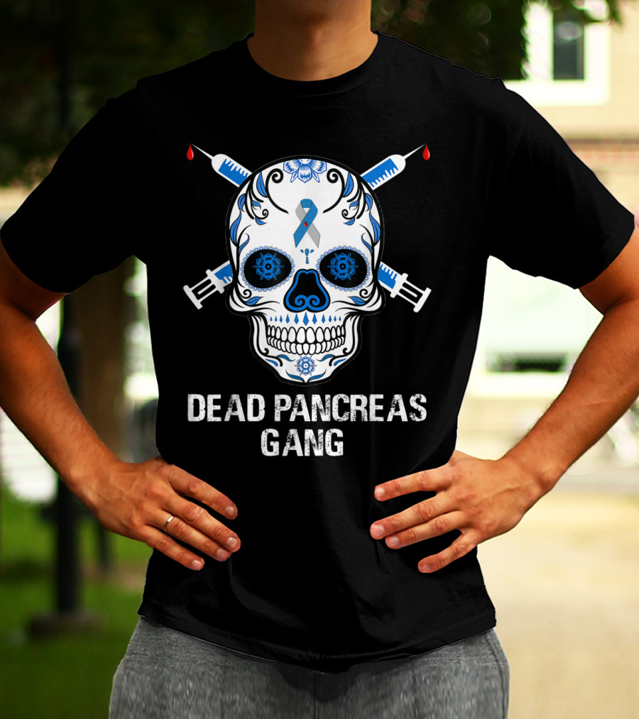 Dead Pancreas Gang Skull Diabetes Awareness Blue Ribbon Syringes T-Shirt