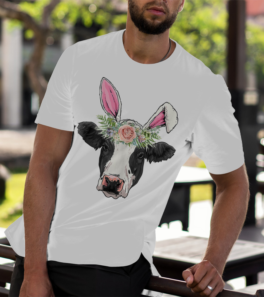 Funny Cow Easter Bunny Flower Crown T-Shirt