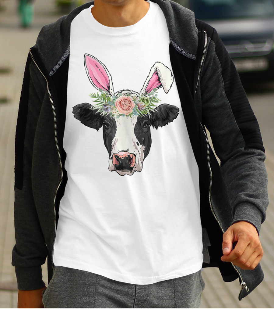 Funny Cow Easter Bunny Flower Crown T-Shirt