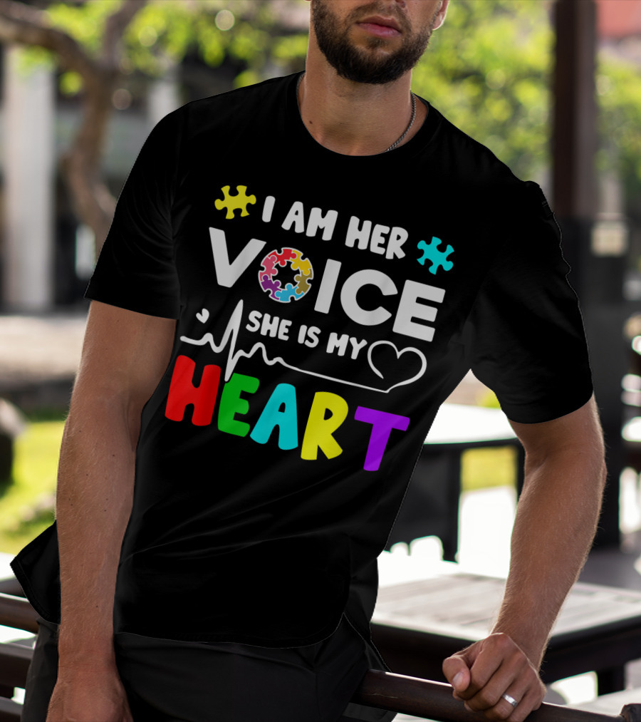 I Am Her Voice She Is My Heart Autism Awareness Puzzle Pieces T-Shirt