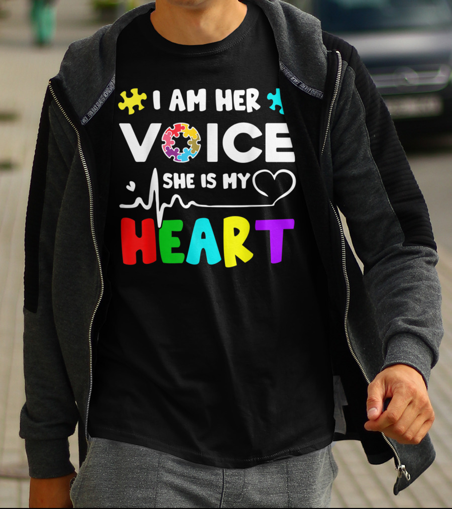 I Am Her Voice She Is My Heart Autism Awareness Puzzle Pieces T-Shirt