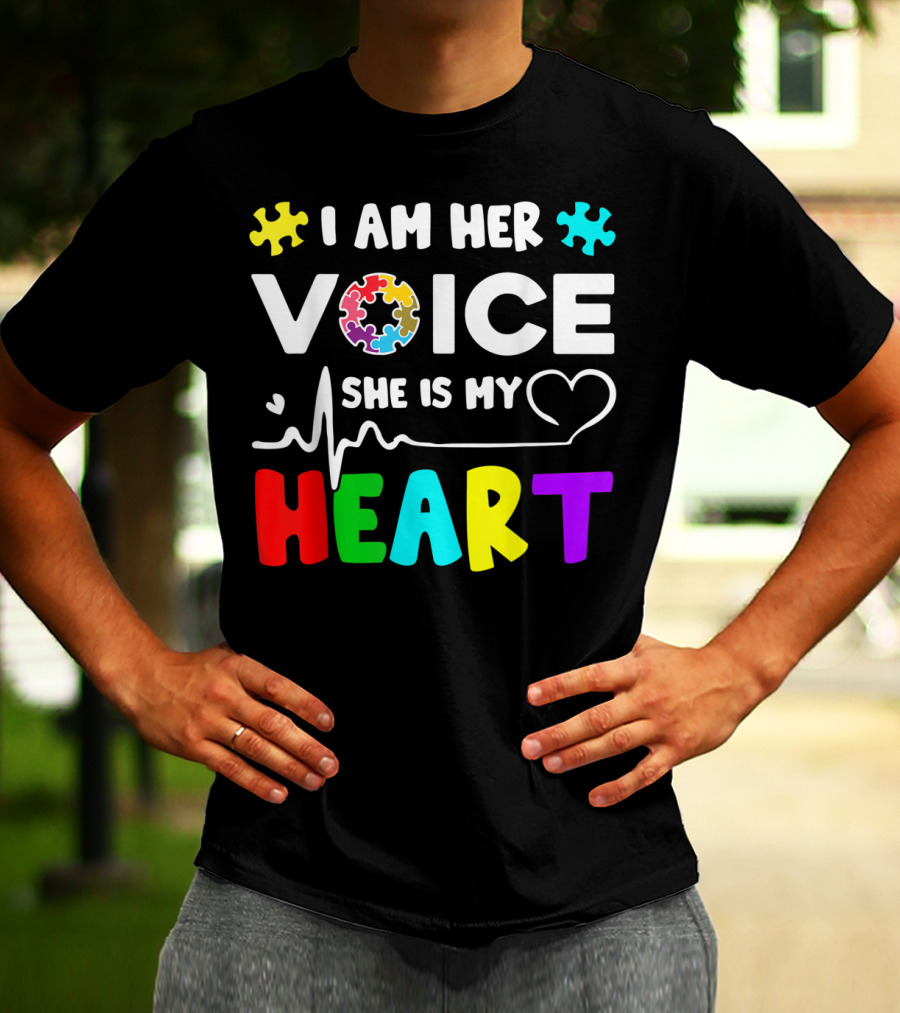 I Am Her Voice She Is My Heart Autism Awareness Puzzle Pieces T-Shirt