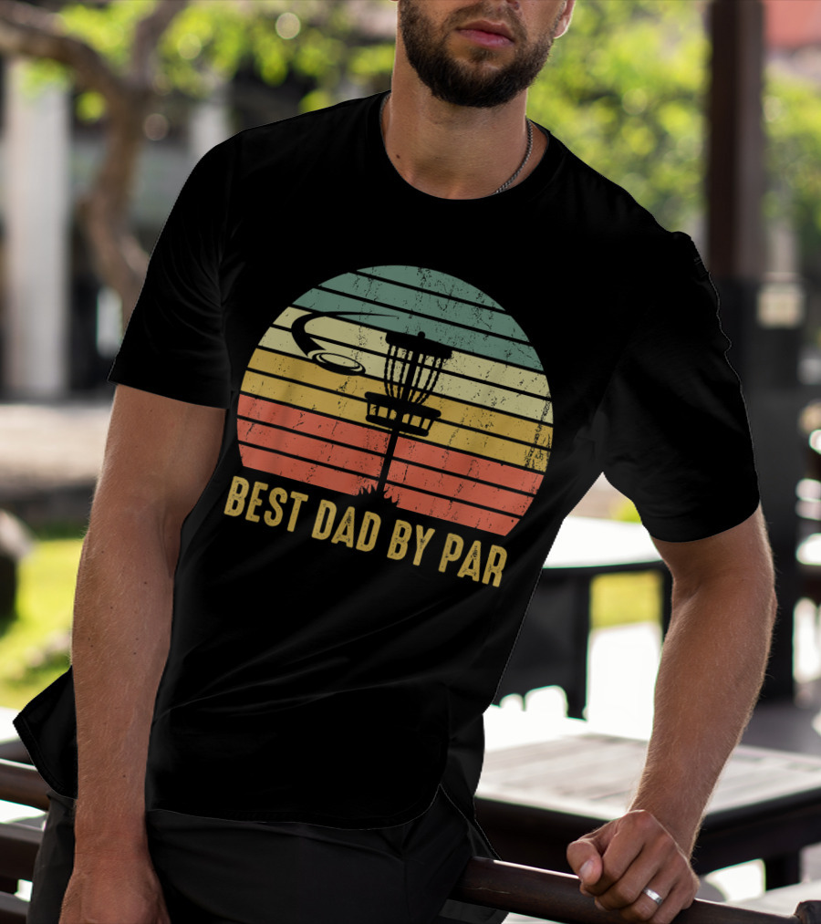 Best Dad By Par Vintage Disc Golf Basket Retro Sunset T-Shirt