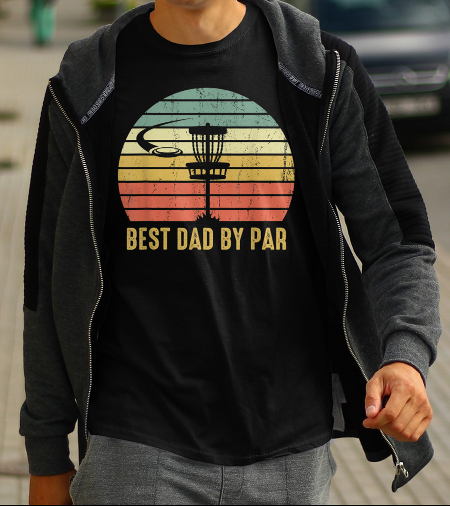 Best Dad By Par Vintage Disc Golf Basket Retro Sunset T-Shirt