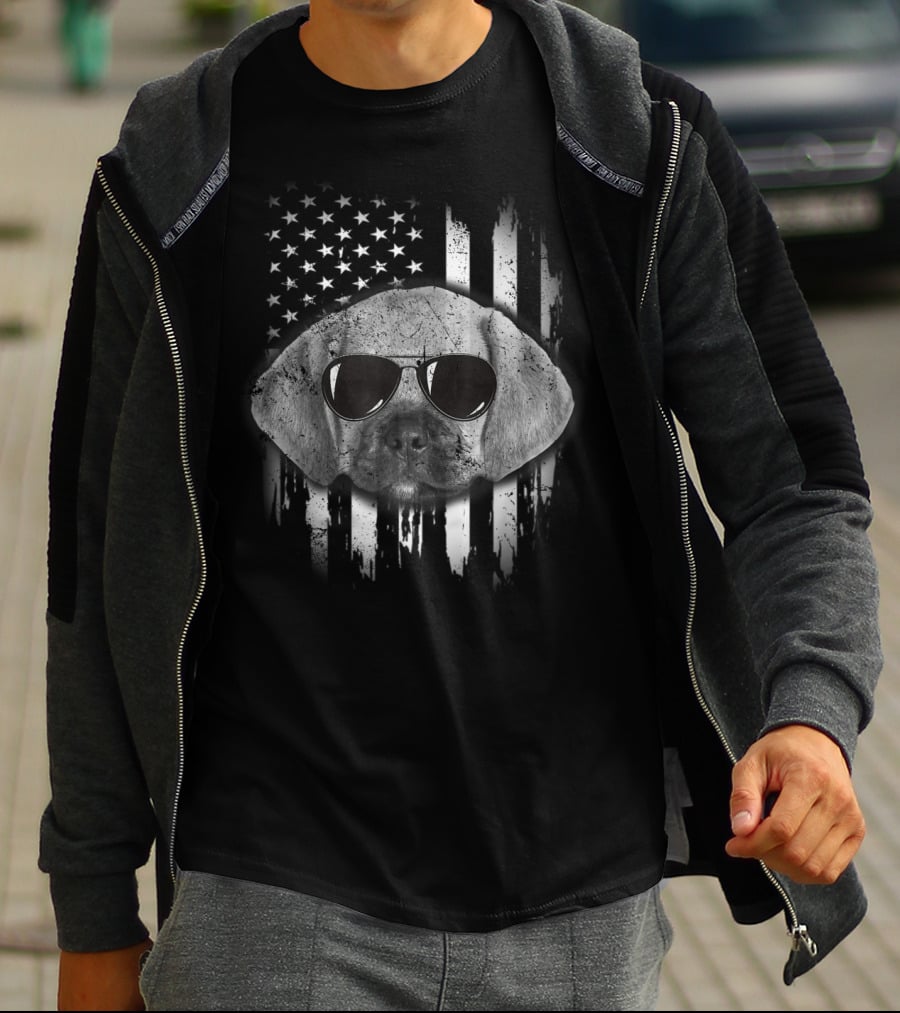 Proud American Puggle With Sunglasses And American Flag Background T-Shirt