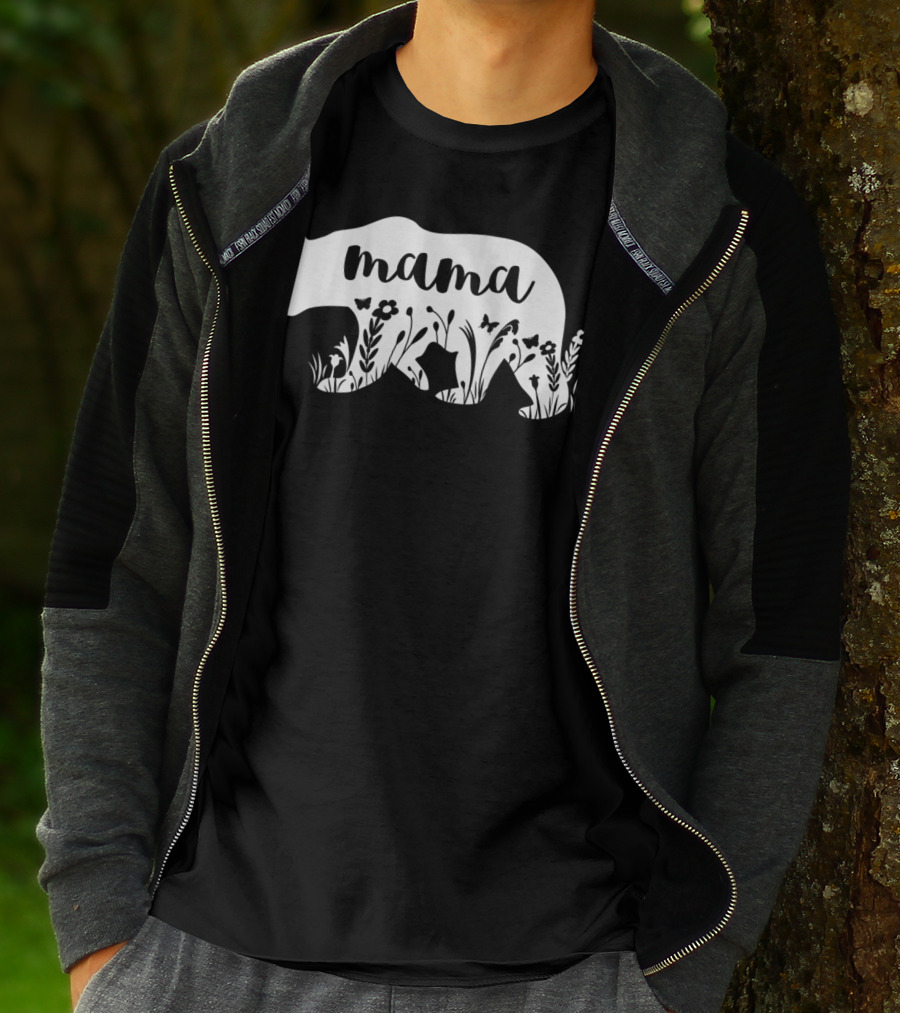 Mama Bear Floral With Flowers And Butterflies Motif T-Shirt