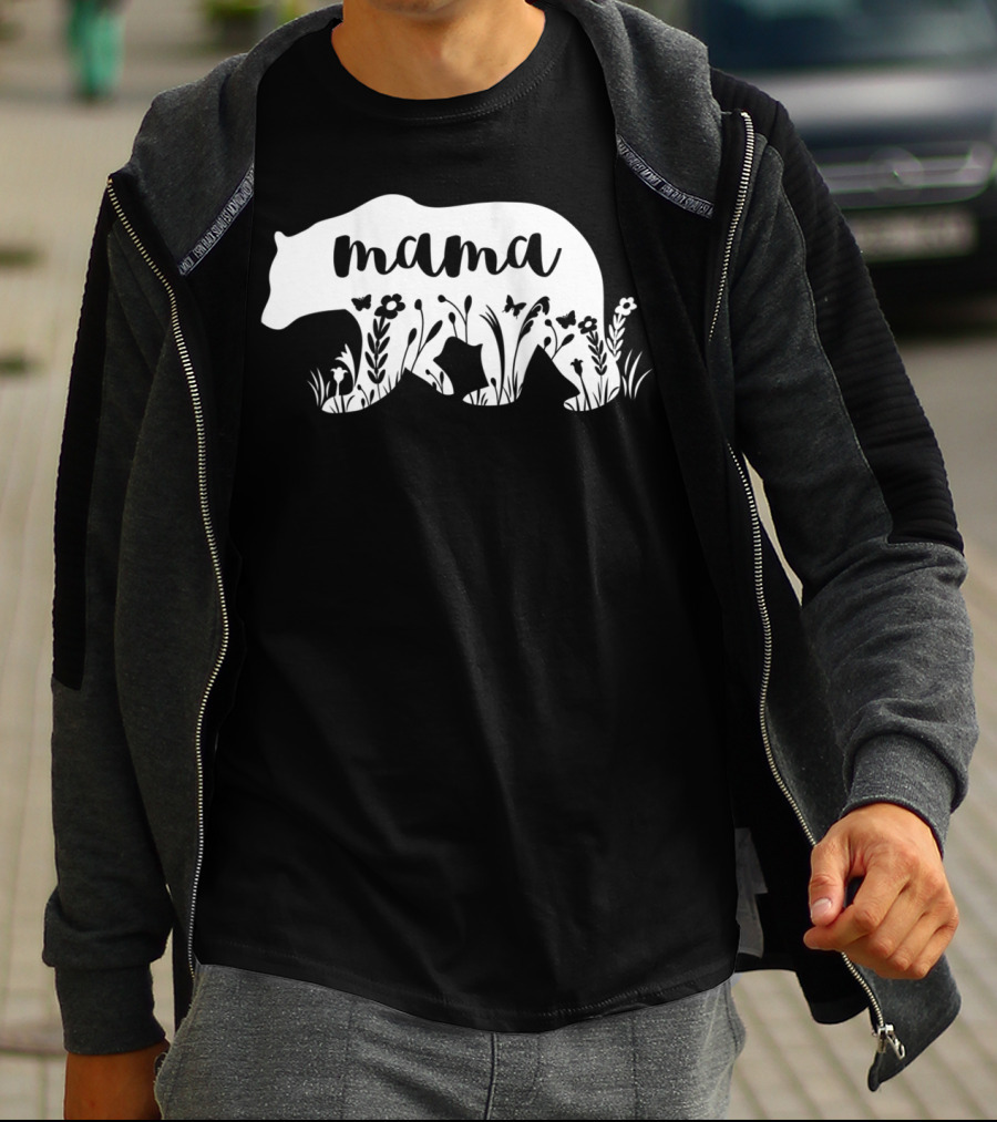Mama Bear Floral With Flowers And Butterflies Motif T-Shirt