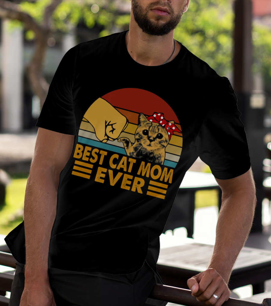 Best Cat Mom Ever Vintage Fist Bump With Cat Bow Stripes T-Shirt