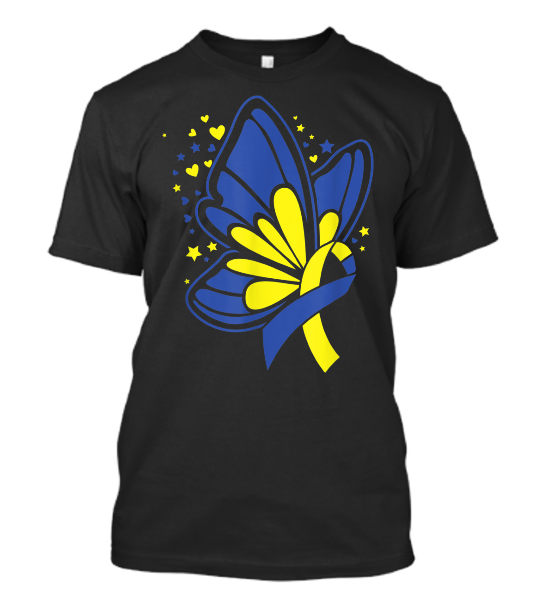 Butterfly T21 World Down Syndrome Awareness Day Ribbon Hearts And Stars T-Shirt