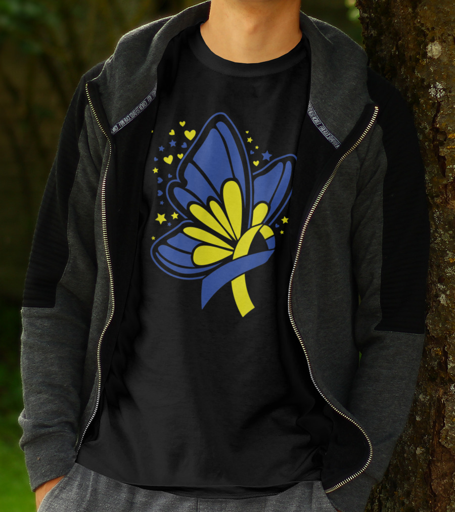 Butterfly T21 World Down Syndrome Awareness Day Ribbon Hearts And Stars T-Shirt