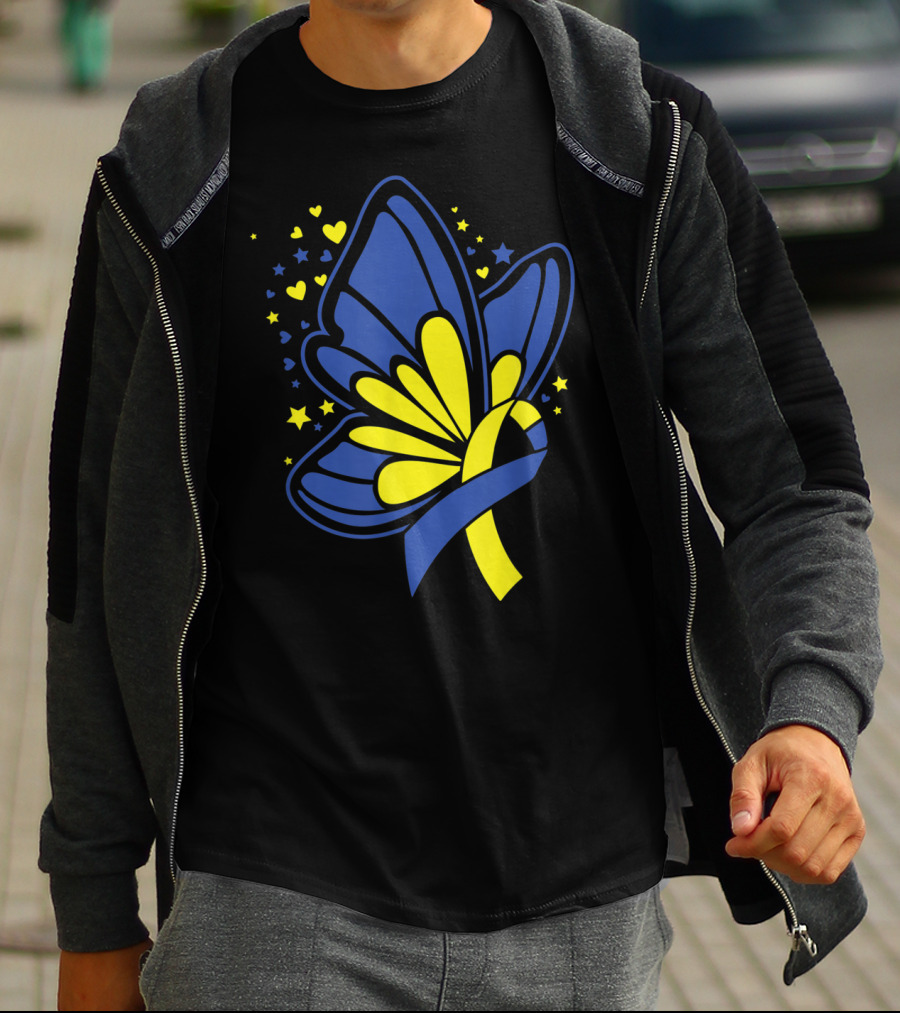 Butterfly T21 World Down Syndrome Awareness Day Ribbon Hearts And Stars T-Shirt