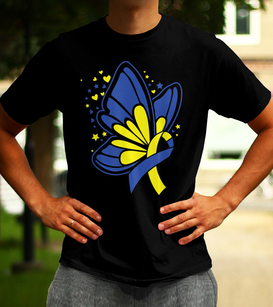 Butterfly T21 World Down Syndrome Awareness Day Ribbon Hearts And Stars T-Shirt