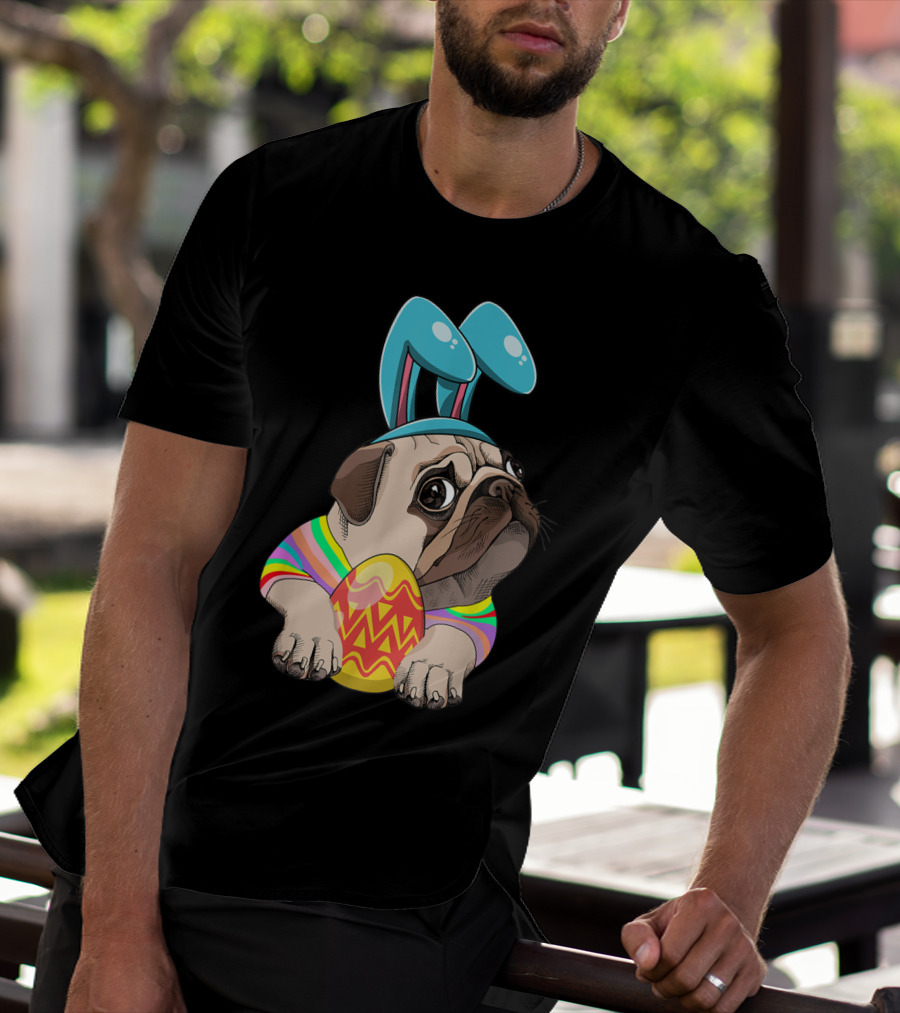 Cute Easter Pug With Bunny Ears Hugging Egg T-Shirt