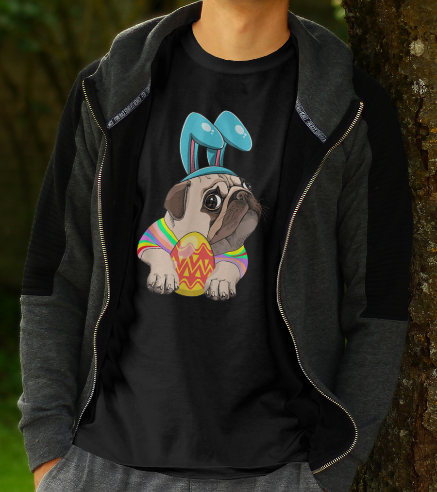 Cute Easter Pug With Bunny Ears Hugging Egg T-Shirt