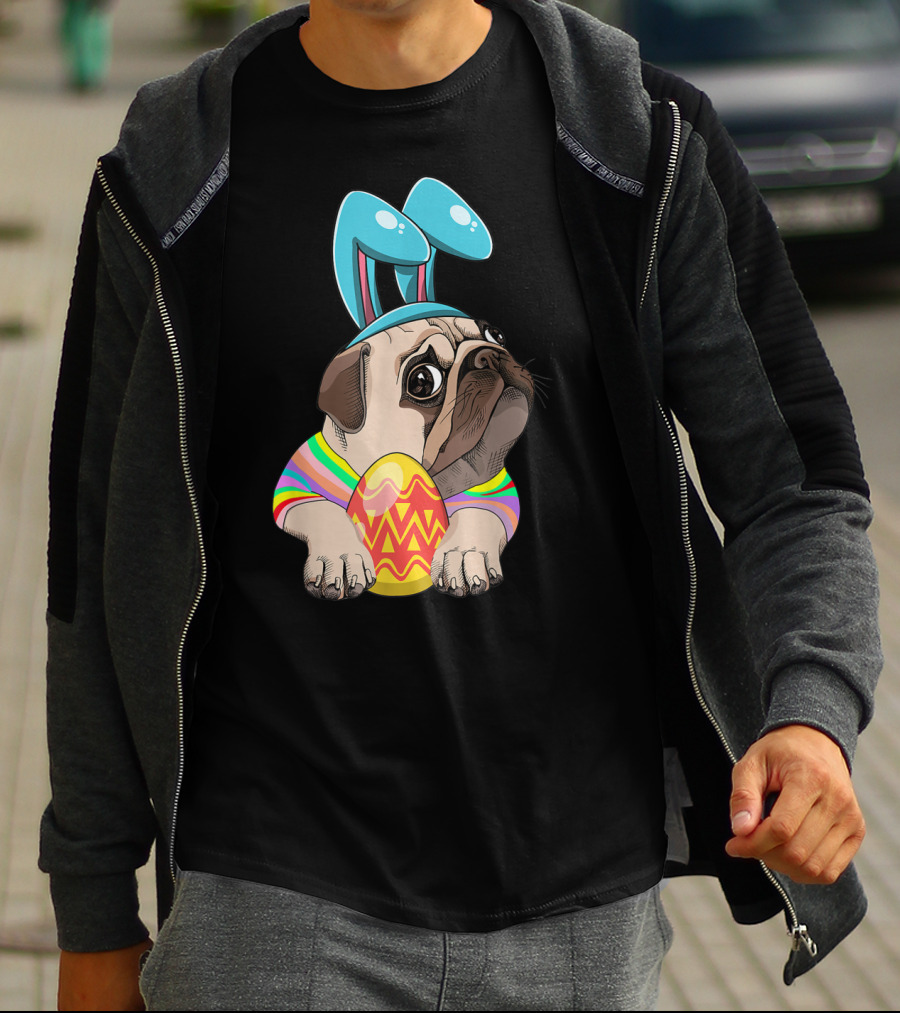 Cute Easter Pug With Bunny Ears Hugging Egg T-Shirt