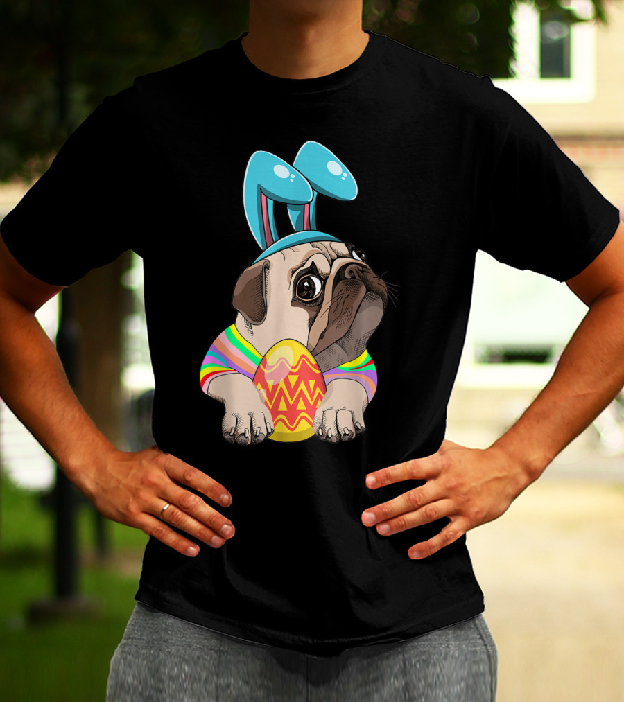 Cute Easter Pug With Bunny Ears Hugging Egg T-Shirt