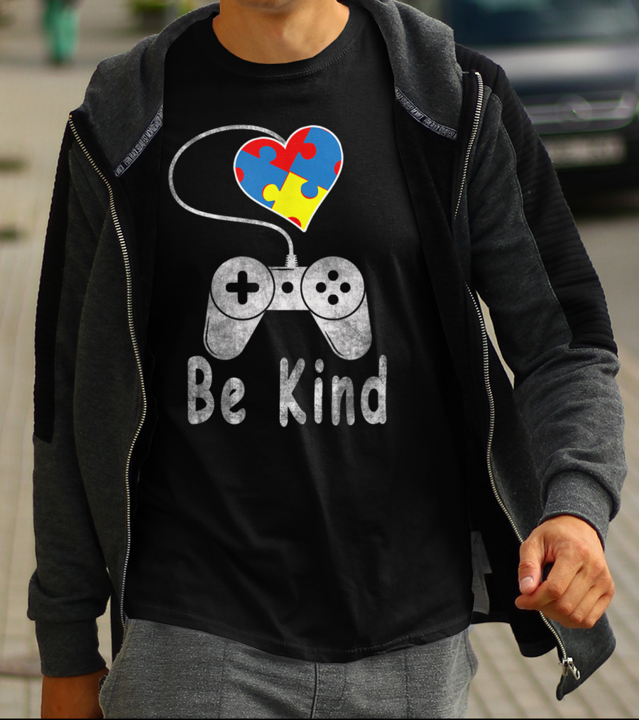 Be Kind Autism Awareness Puzzle Piece Heart Video Game Controller T-Shirt