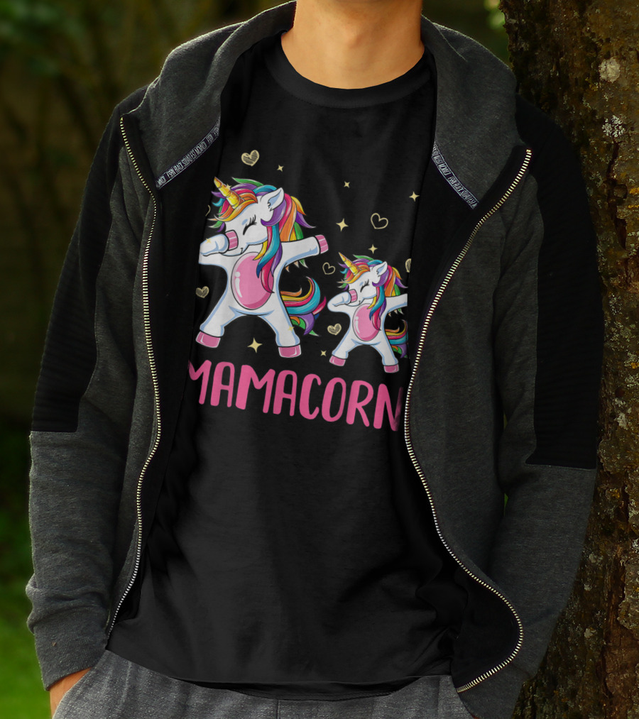 Colorful Dabbing Unicorns Mamacorn With Rainbow Hair And Hearts T-Shirt